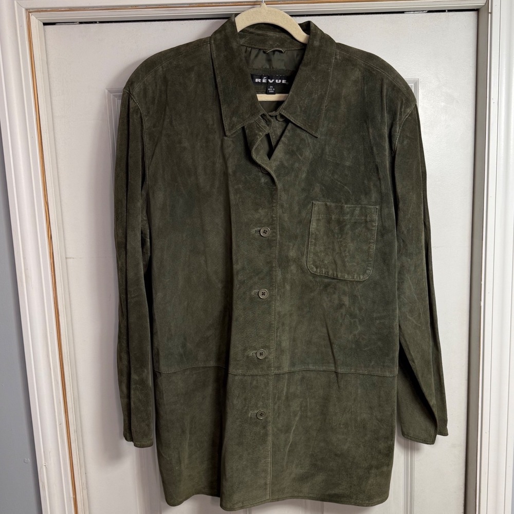 Revue Womens 2X Olive Green Genuine Suede Leather Button Front Shirt Shacket